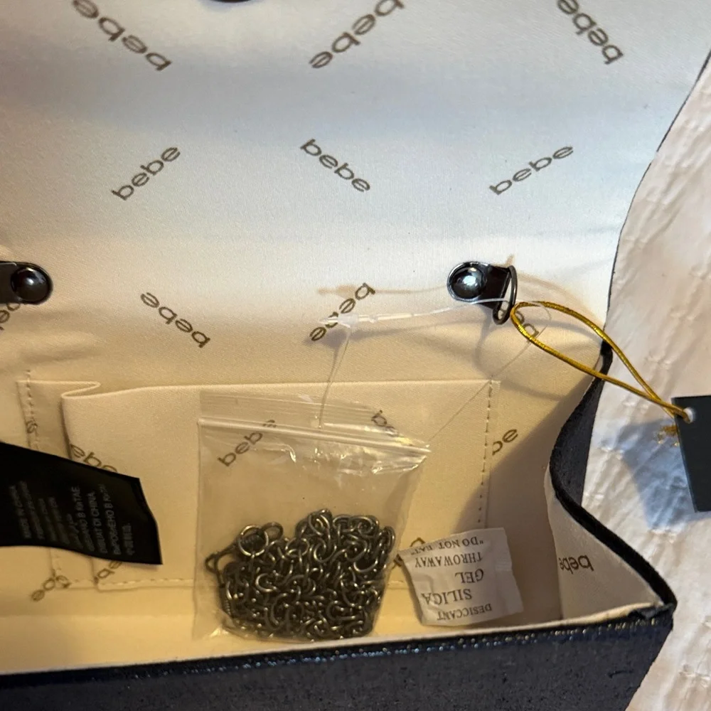 Bebe Black Sparkly Handbag w/ Rhinestone Logo, 5" Metal Handle + Silver Chain - Picture 2 of 10
